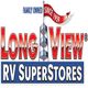 Long View RV Superstores logo, family-owned since 1959, red and blue, flag and building tower design.