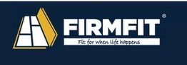 FIRMFIT logo with slogan "Fit for when life happens" and geometric design on a navy background.