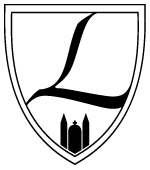 Wappen mit stilisiertem "L" und schwarzer Silhouette von Gebäuden unten.
