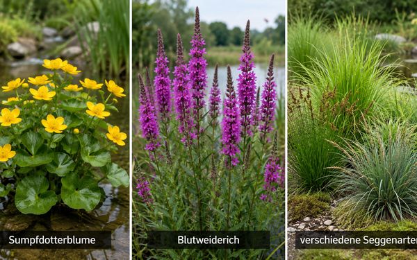 gelbe Sumpfdotterblume, lila Blutweiderich und verschiedene Seggenarten