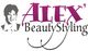 Logo mit Schriftzug "ALEX' BeautyStyling" und Abbildung einer lächelnden Person in Schwarz-Weiß.
