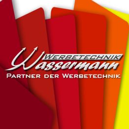 Buntes Logo mit Text: "Werbetechnik Wassermann - Partner der Werbetechnik" auf farbigen Formen.