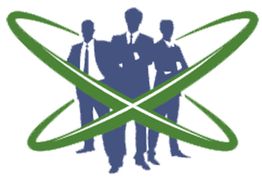 Três silhuetas de pessoas em terno dentro de um design oval verde interligado.