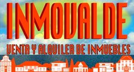 Texto: "INMOVALDE, venta y alquiler de inmuebles" sobre fondo colorido con edificios abajo.