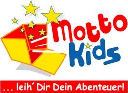 Farbenfrohes Logo mit gelber Schachtel und Sternen, Text: Motto Kids ... leih’ Dir Dein Abenteuer!