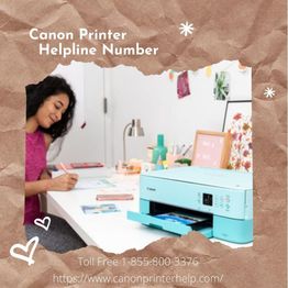 Woman using a Canon printer at a desk with helpline info on the image.