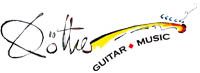 Logo mit Text "Guitar Music", schwarzer Schriftzug und abstraktem Design in Rot und Gelb.