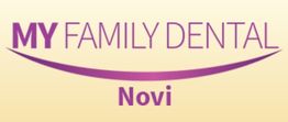 Logo of "My Family Dental Novi" with a purple swoosh resembling a smile on a beige background.
