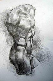 Zeichnung eines muskulösen, kopflosen Torsos in Schwarz-Weiß, mit starker Schattierung.