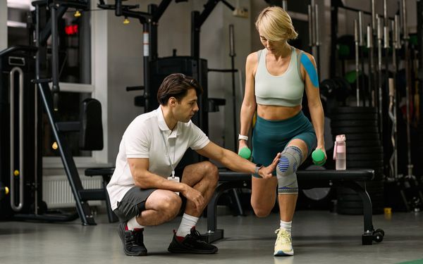 Junge Frau führt Rehabilitationsübungen nach einem Kreuzbandriss mit Physiotherapeut druch.