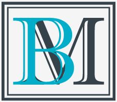 Logotipo con letras estilizadas B y M en azul y negro, enmarcadas en un rectángulo.