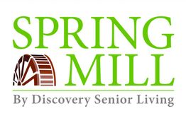 "Spring Mill logo with a brown mill wheel, part of Discovery Senior Living."