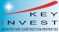Logo von Key Invest mit den Worten: Architektur, Bau, Immobilien vor blauem Hintergrund.