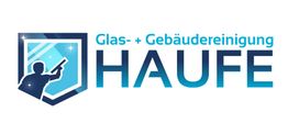 Logo der Glas- und Gebäudereinigung Haufe mit stilisiertem Putzmann und blauem Schild.