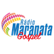 Logotipo da Rádio Maranata Gospel com letras coloridas em azul e vermelho.