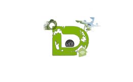 Logo vert avec la lettre "D", un drone, l'inscription "WEB" et des icônes technologiques.