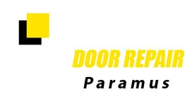 Logo with yellow and black squares, text "Door Repair Paramus" in bold yellow and black letters.