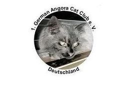 Graue Angorakatze in einem runden Logo mit Schrift: "1. German Angora Cat Club e.V. Deutschland".