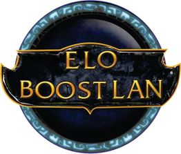Logo con texto "ELO BOOST LAN" en letras doradas sobre fondo oscuro y bordes azules.