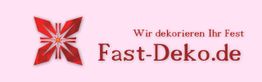 Rotes Logo und Text "Wir dekorieren Ihr Fest. Fast-Deko.de" auf rosa Hintergrund.