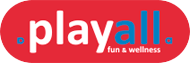 Logo de "playall" en fondo rojo, texto en blanco y azul, con el lema "fun & wellness".