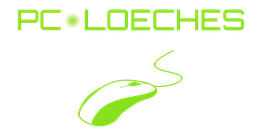Logotipo verde de PC Loeches con un ratón de computadora.