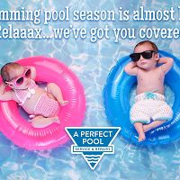 Two babies in sunglasses relax on pool floats with text about upcoming swimming pool season.