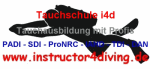 Taucher-Silhouette mit Text zu Tauchschule und Ausbildungen, inklusive Website-Adresse.