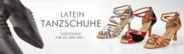 Schwarz-weiße Schuhe links, bunte Latein-Tanzschuhe rechts. Text: "Tanzschuhe für Sie und Ihn".