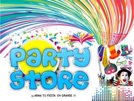 Texto "Party Store" con decoraciones coloridas y disfraces. ¡Arma tu fiesta en grande!