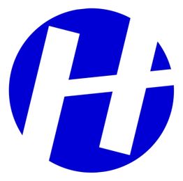 Blaues Logo mit einem stilisierten, weißen Buchstaben "H" in einem Kreis.