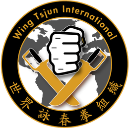 Logo mit Faust, zwei Stöcken und Weltkarte, Text: "Wing Tsjun International" und chinesische Schrift.