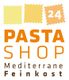 Logo mit der Aufschrift "Pasta Shop 24 Mediterrane Feinkost" in Orange- und Gelbtönen.