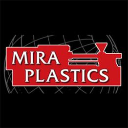 Red "Mira Plastics" logo with machinery silhouette on a black background with globe lines.
