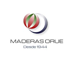 Logotipo de Maderas Orue con texto "Desde 1944" y un diseño de esferas en color.