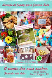Aluguel de espaço infantil para eventos com decoração colorida e comidas diversas em Porto Alegre, RS.