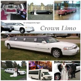 Collage von Limousinen, darunter eine weiße Stretch-Limousine, Hochzeitspaare und luxuriöse Innenräume.