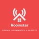 Roomster logo with a house design and text: "Rooms, Roommates & Sublets" on a red background.