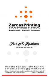 Tarjeta de presentación de ZarcasPrinting con contacto de José A. Rodríguez, Director de Ventas.