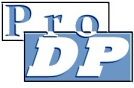 Logo mit Schriftzug „Pro DP“, in blauem und weißem Design.
