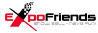 Logo von Expo Friends mit Slogan „show, sell - have fun!“, stilisierter roter Buchstabe X.