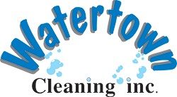 "Logo of Watertown Cleaning Inc. with blue text and water splash design."