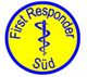 Gelbes rundes Logo mit blauer Aufschrift "First Responder Süd" und einem Äskulapstab in der Mitte.