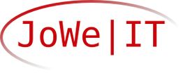 Logo mit rotem Text "JoWe IT" und einem gebogenen Streifen darüber und darunter.