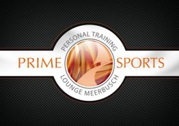 Logo: Prime Sports Personal Training Lounge Meerbusch, schwarzer Hintergrund, oranger Text.