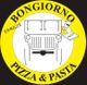 Logotipo de pizzaria com carro, chef com pizza e texto: "Bongiorno Pizza & Pasta".