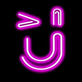 Pink neon face with a wink and tongue out on a black background.