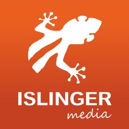 Ein weißer Gecko auf orangefarbenem Hintergrund mit dem Text "ISLINGER media".