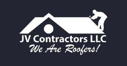 Logo of JV Contractors LLC: silhouette of roofer on roof, text "We Are Roofers!"