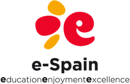 Logo de e-Spain en rojo y naranja con texto "education, enjoyment, excellence".